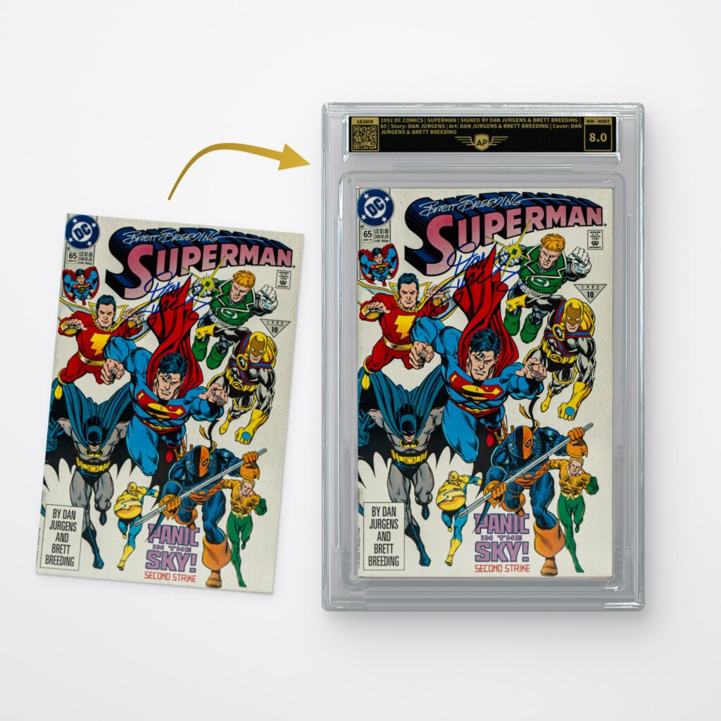 Grading de cómics y box toppers: cómic antes del grading y en el slab AP para cómics con etiqueta y nota