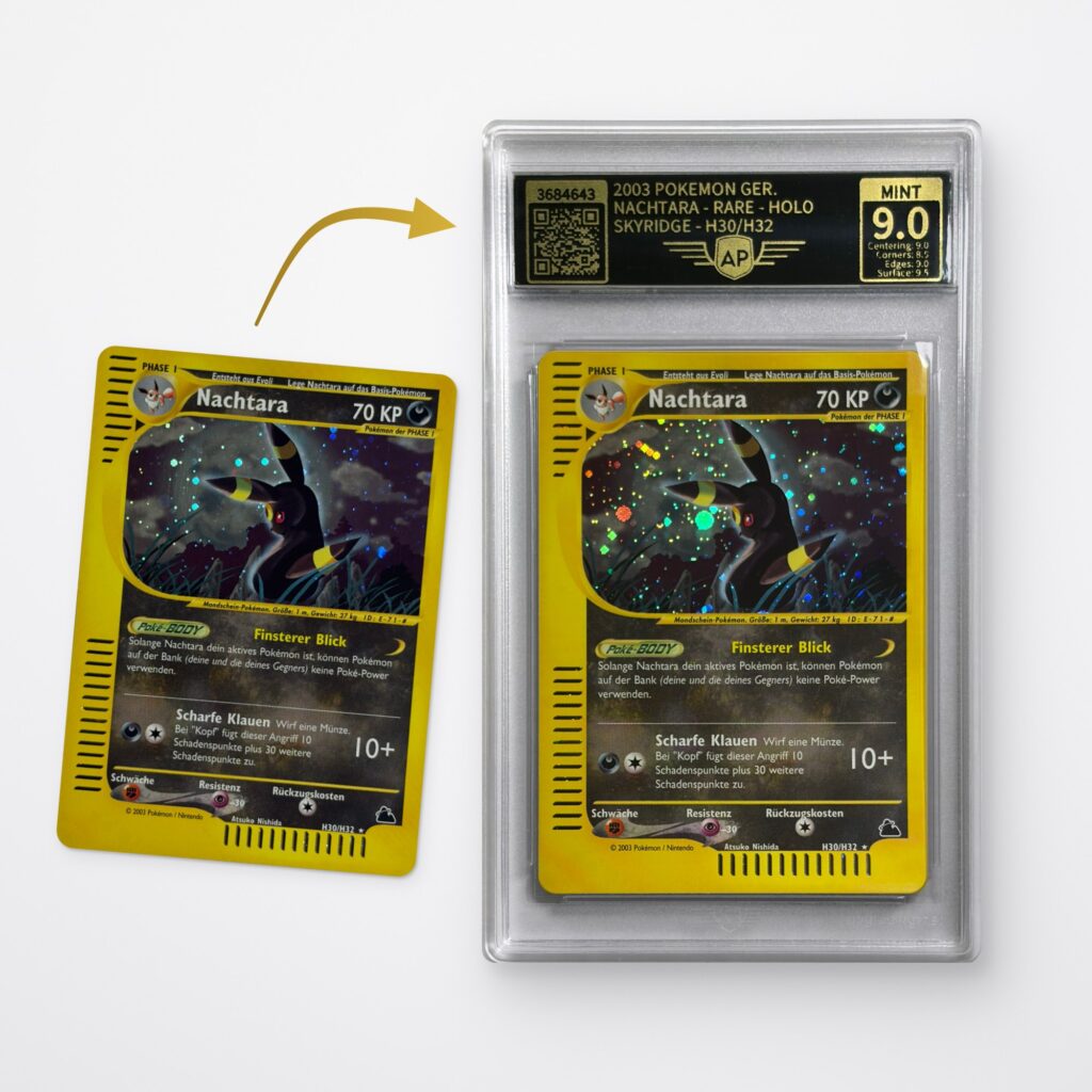 Grading de cartas en AP Grading: carta Pokémon antes y después del grading, en slab AP con nota MINT 9.0