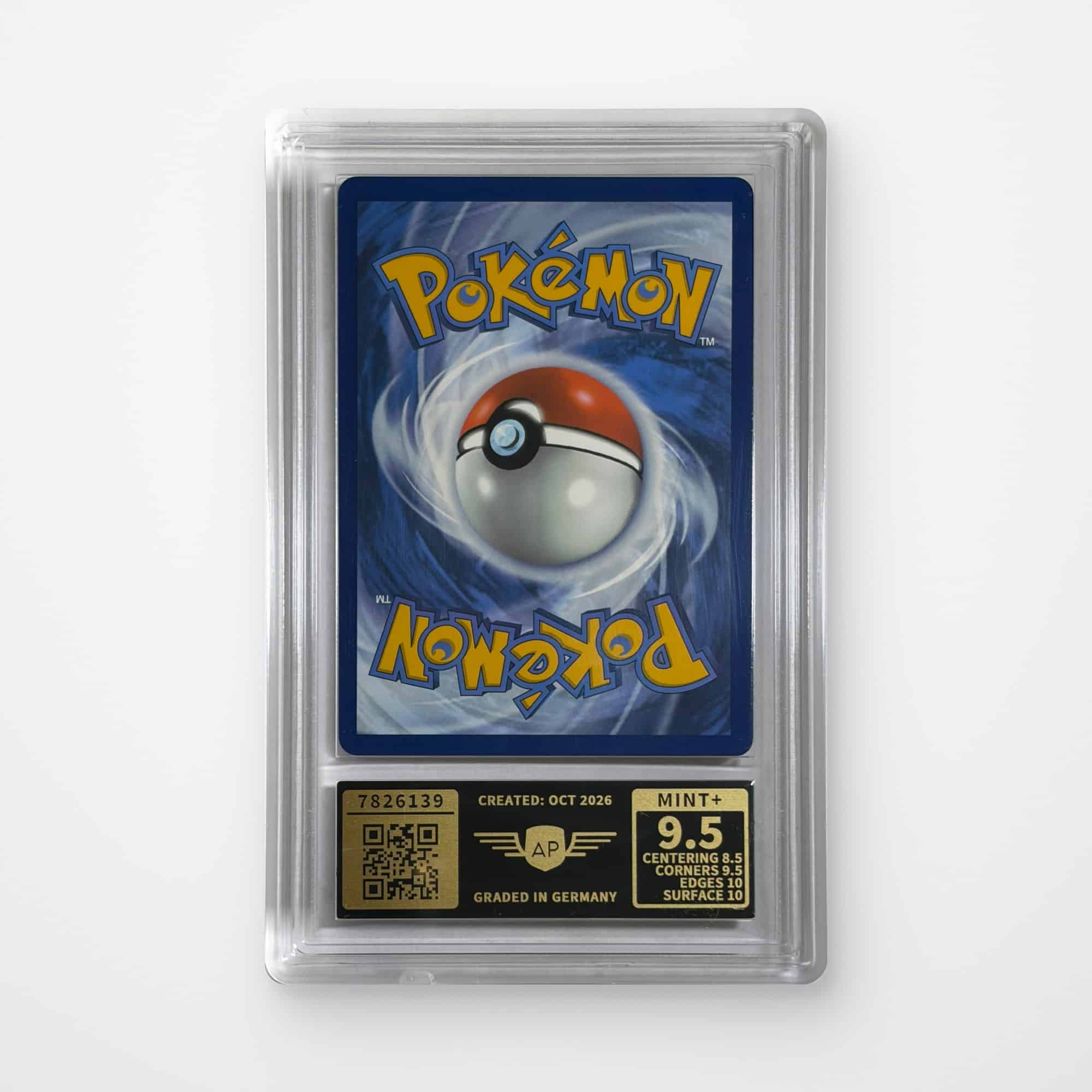 Reverso del slab AP Gallery: placa con nota, subnotas, código QR y número de certificado