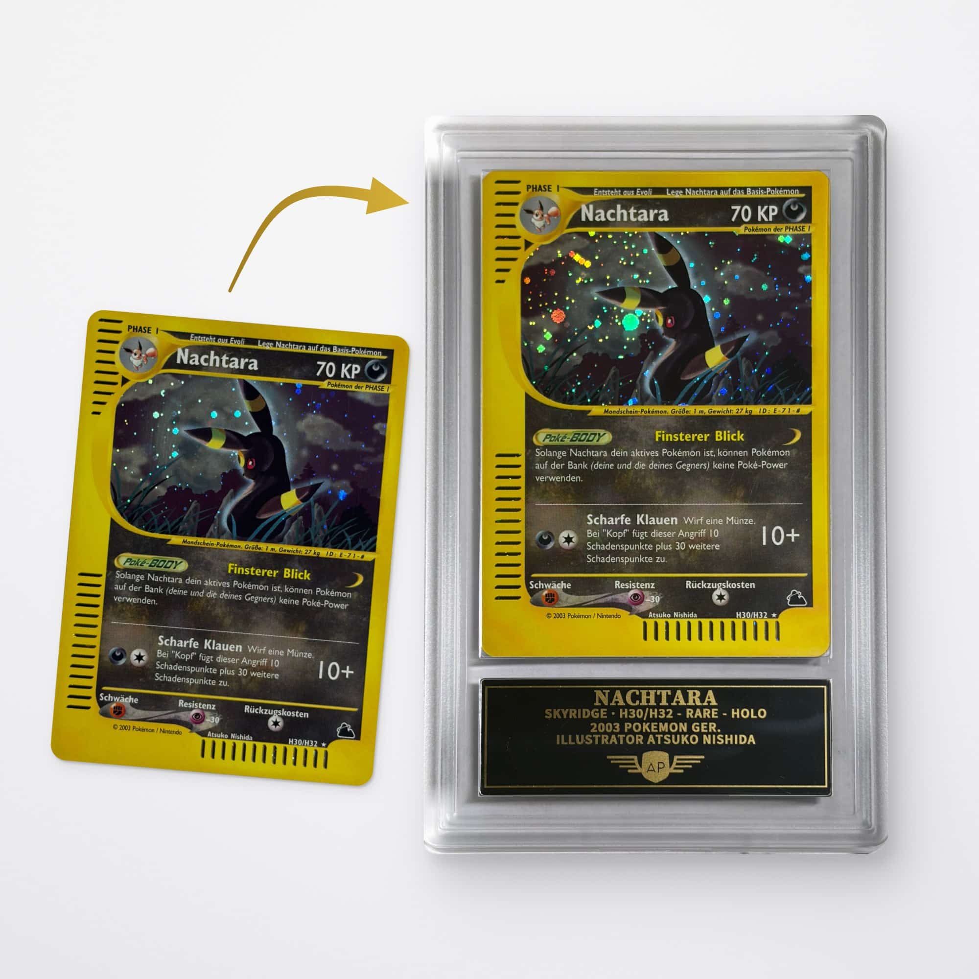 Grading de cartas en slab AP Gallery: carta Pokémon antes y después del grading, con placa grabada debajo de la carta